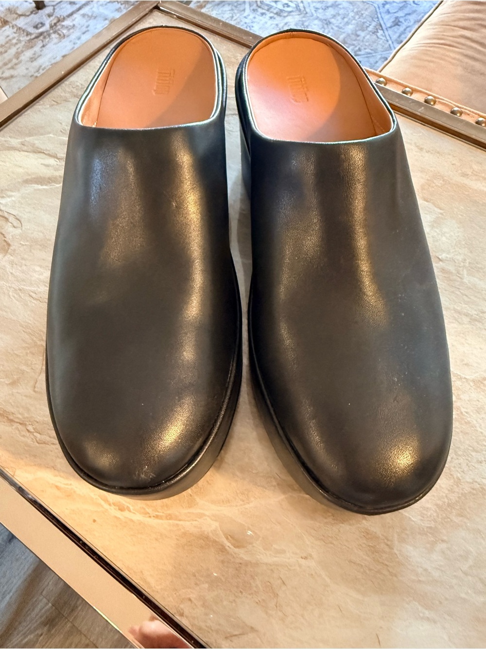 FitFlop Black Leather Slip-On Clogs with Tan Insole